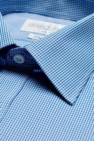 Collar of Gingham Super Slim Blue Single Cuff Men's Business Shirt