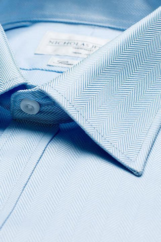 Collar of Herringbone Slim Fit Blue Double Cuff Men's Business Shirt