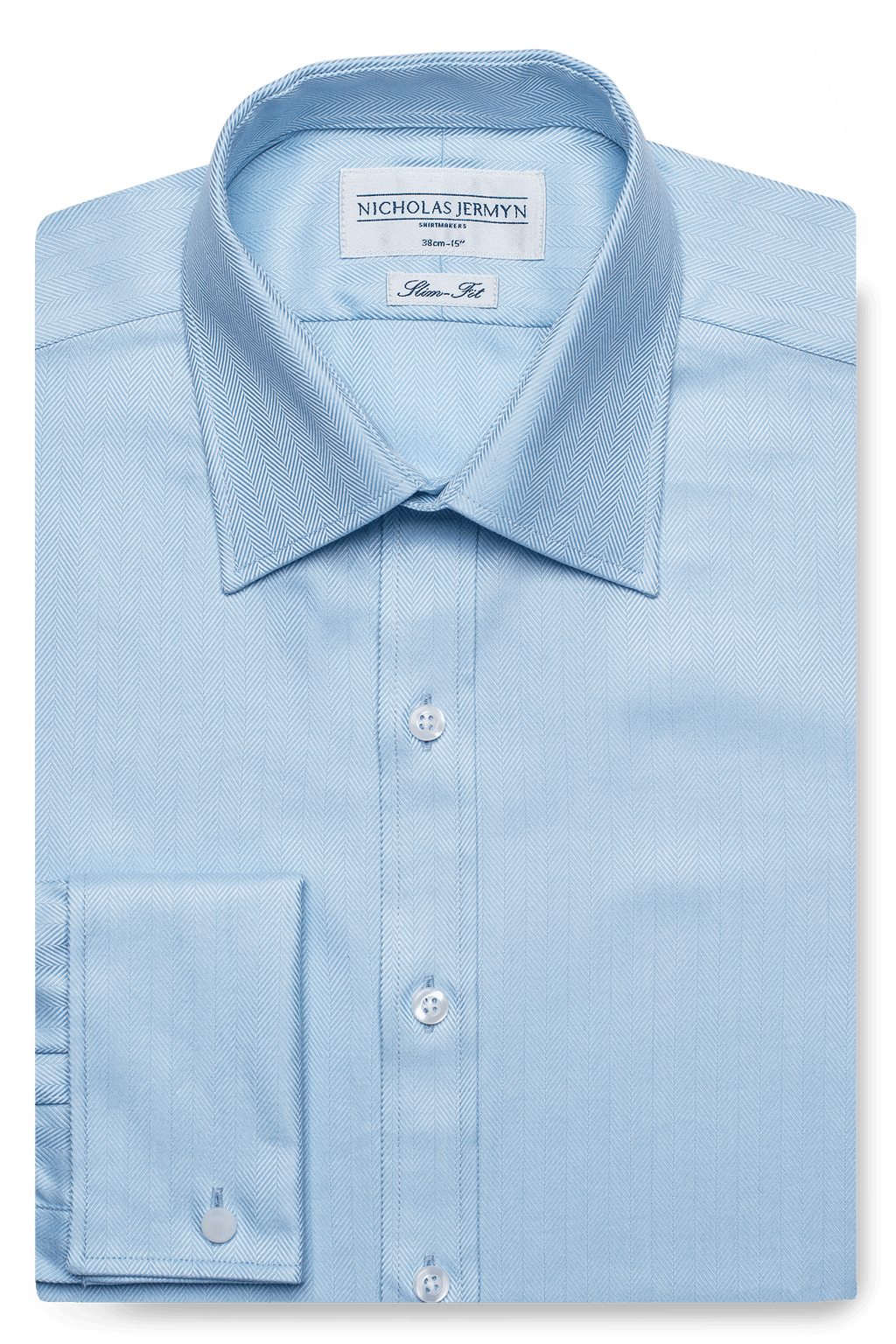 Herringbone Slim Fit Blue Double Cuff Men's Business Shirt