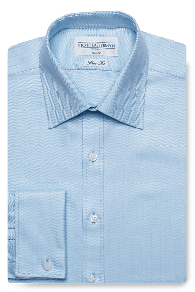 Herringbone Slim Fit Blue Double Cuff Men's Business Shirt